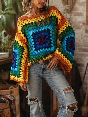 Handmade Hippie Chic Granny Square Rainbow Sweater